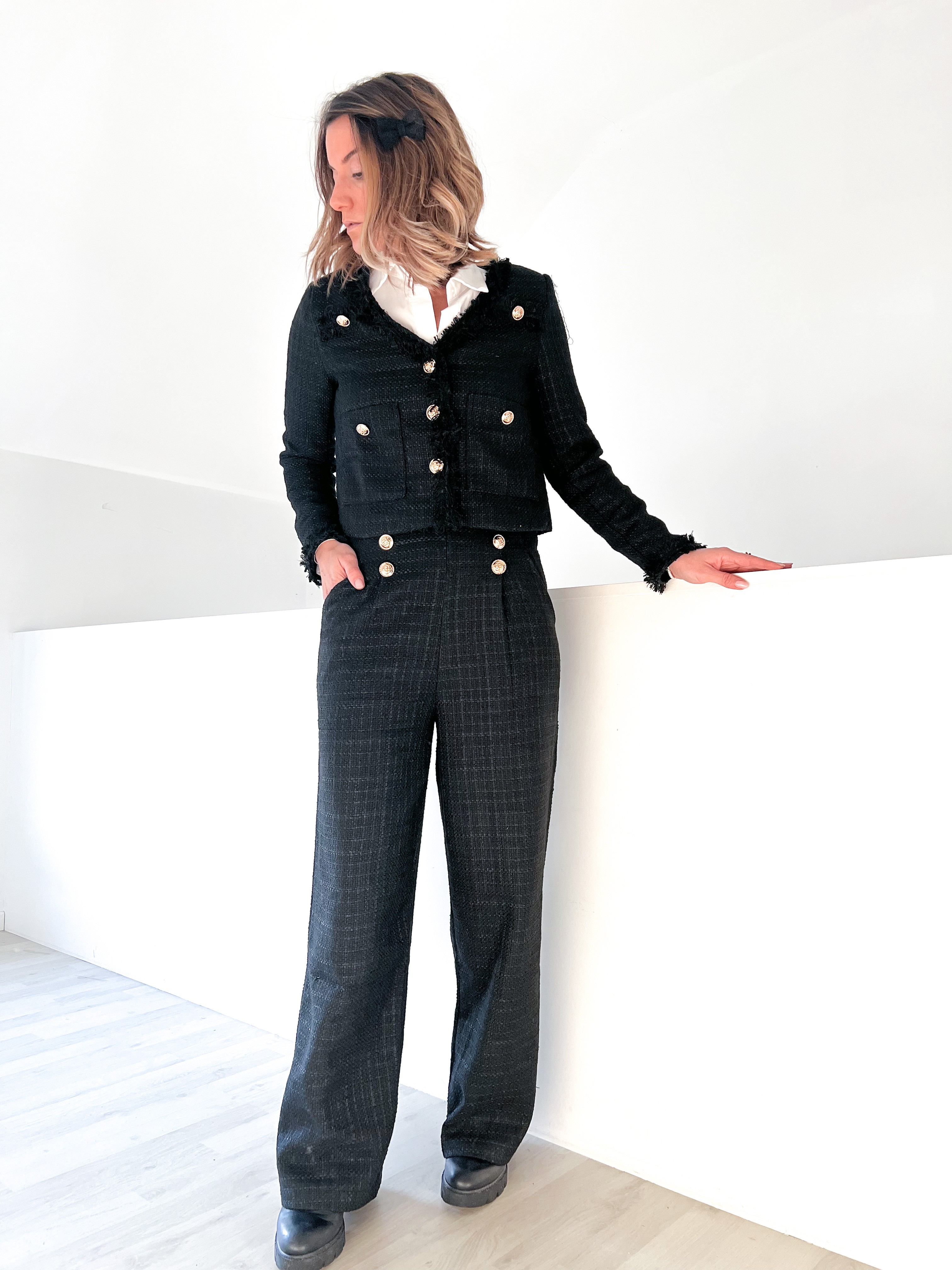 Pantalon Chane noir boutons or