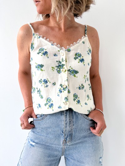 Top/Blouse fleurs bleues -...