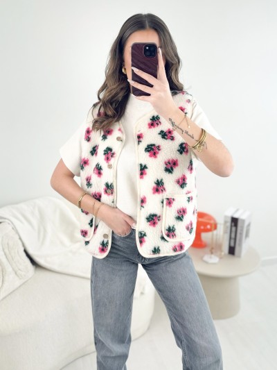 Gilet Minouche fleuri - Blanc