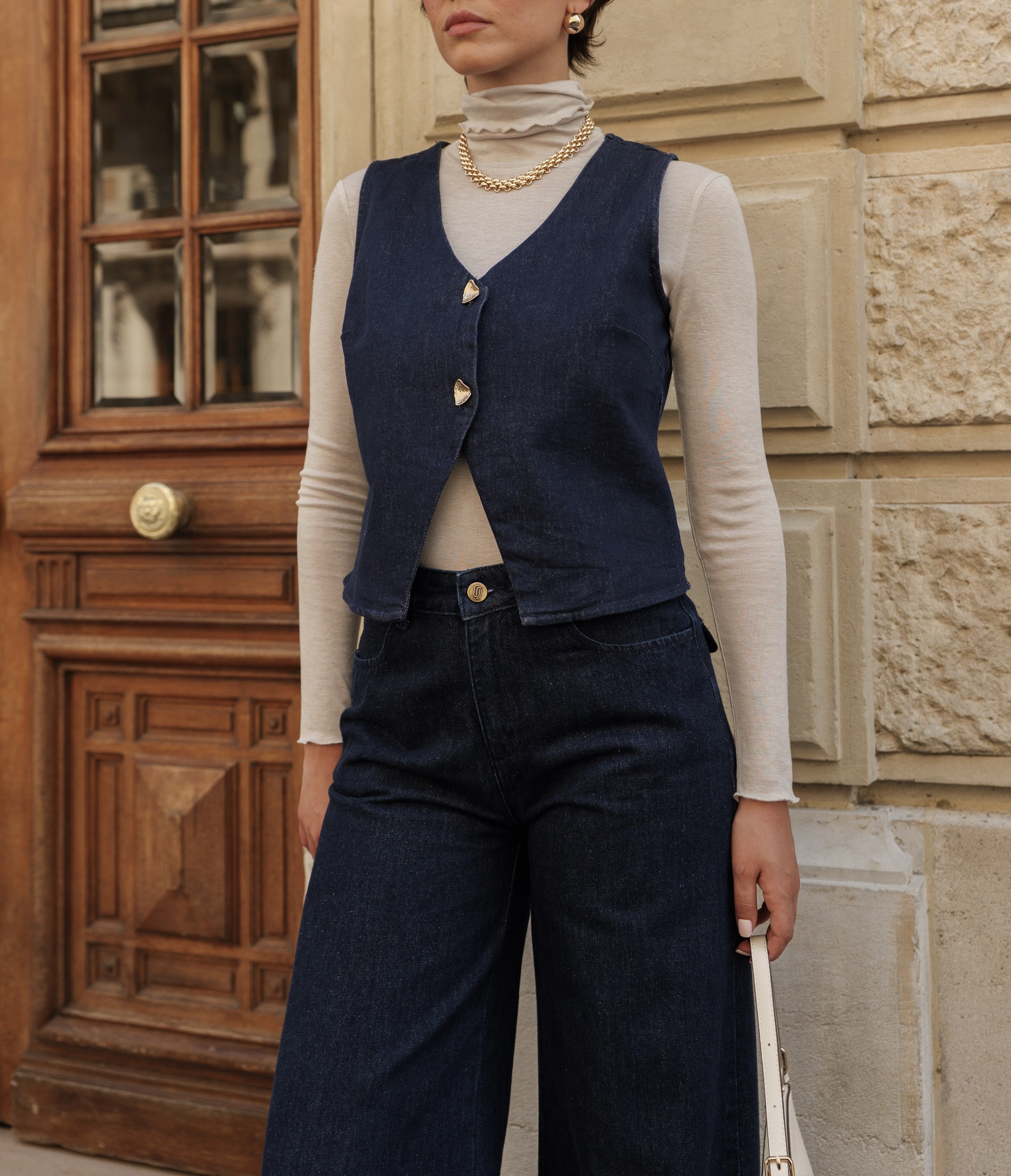 Mouwloze blouse/gilet in Théonie denim