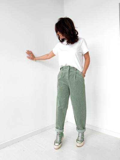 Jeans velour vert d'eau -...