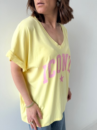 T-shirt Iconic col V - Jaune