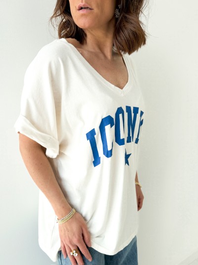T-shirt Iconic col V - Wit