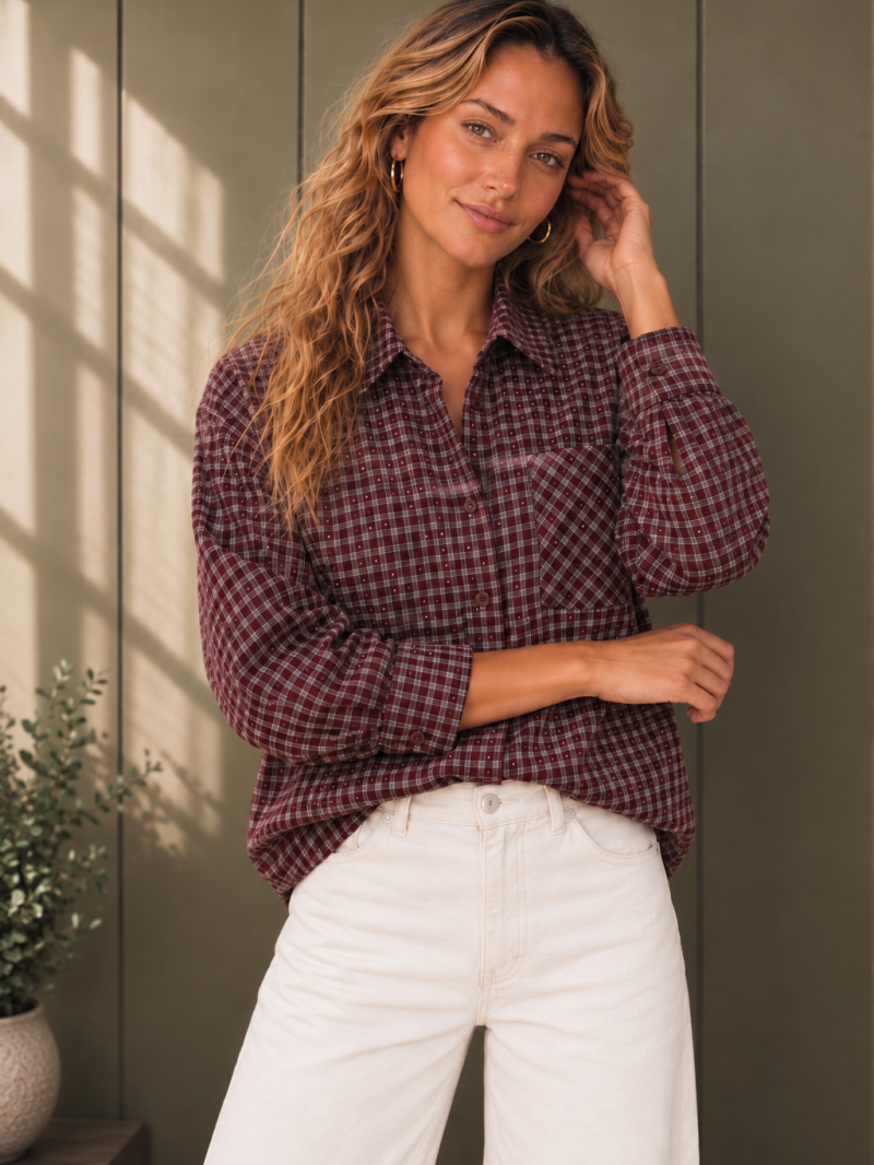 Chemise Carreaux bordeaux Romane avec strasses